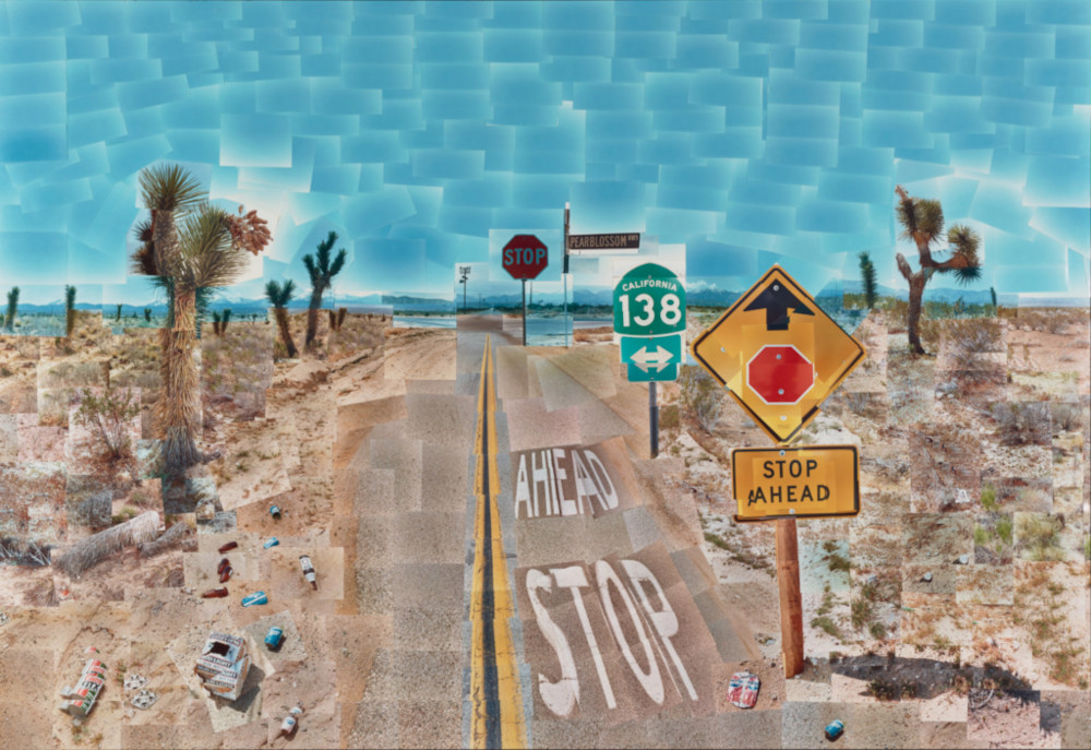A photo collage showing a sun-bleached American desert highway from a number of perspectives, somewhat cubistically