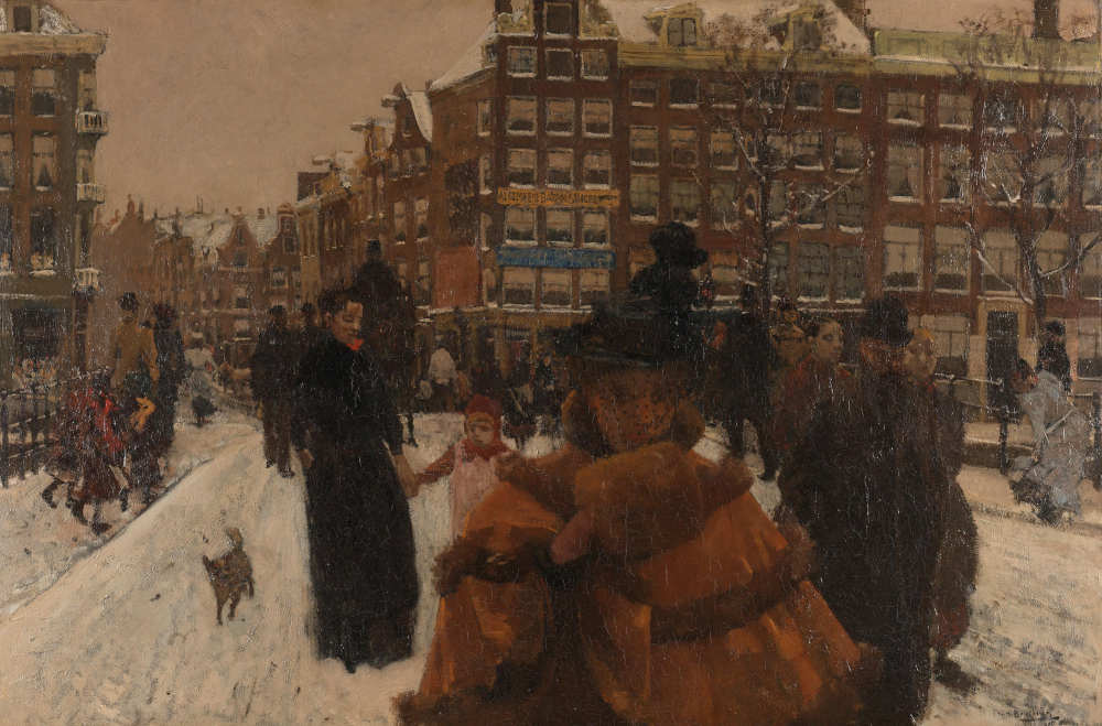 People walking down a busy bridge in Amsterdam, in a scene that looks strikingly photographic