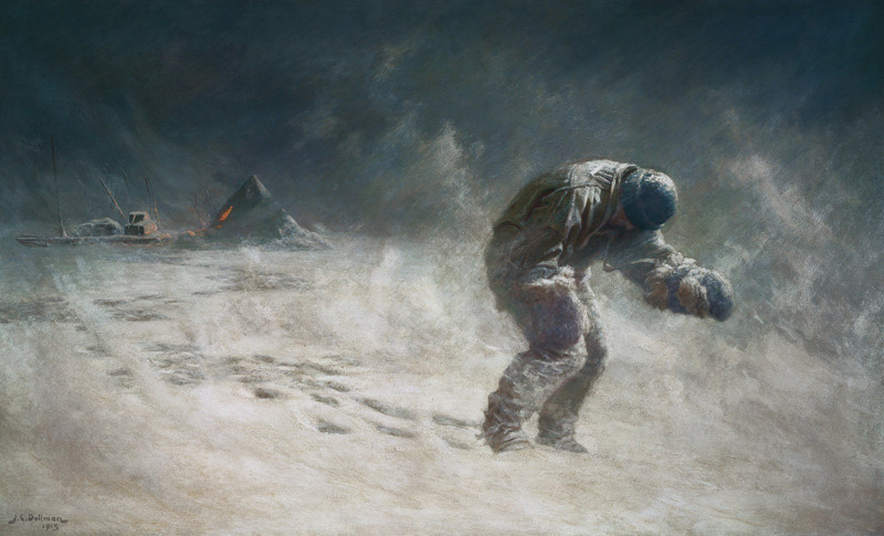 Lawrence Oates, walking out into the cold Antarctic abyss, hunched over