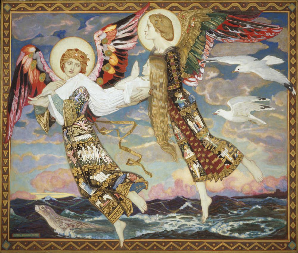 Two angels fly over a turbulent sea carrying a long-haired blonde maiden, where a sea lion swims