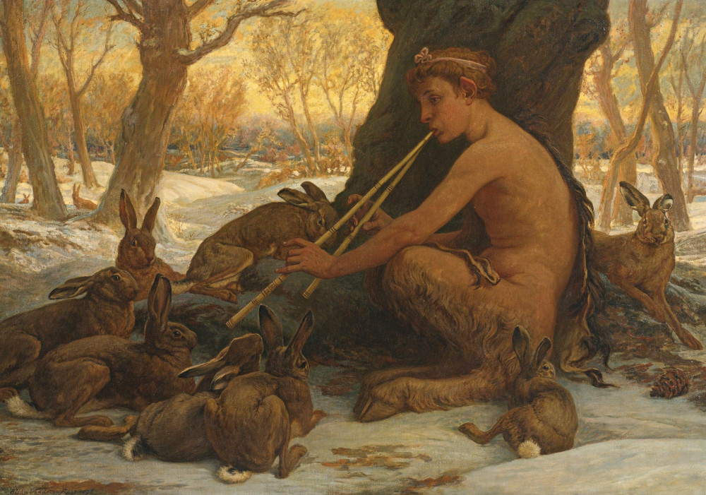 A faun gently playing the reeds to an audience of hares