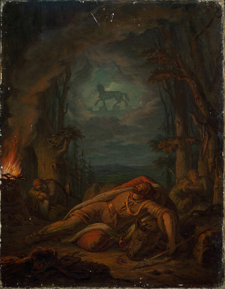 A duke, asleep in the forest, dreams of the shadowy figure of a wolf