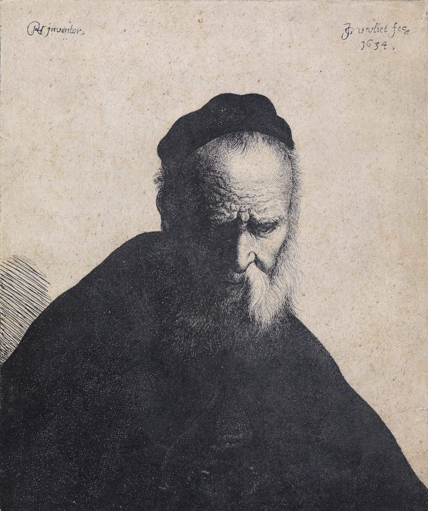 A black and white engraving of an old man bathed in shadow looking solemnly downward