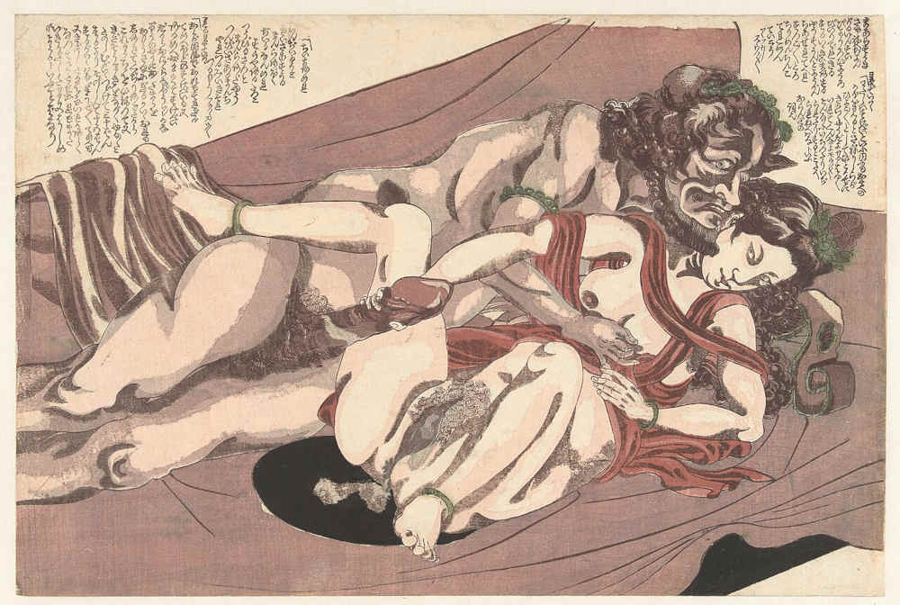 A satyr and a nymph having raunchy sex, both of their genitalia fully depicted, in traditional Japanese style