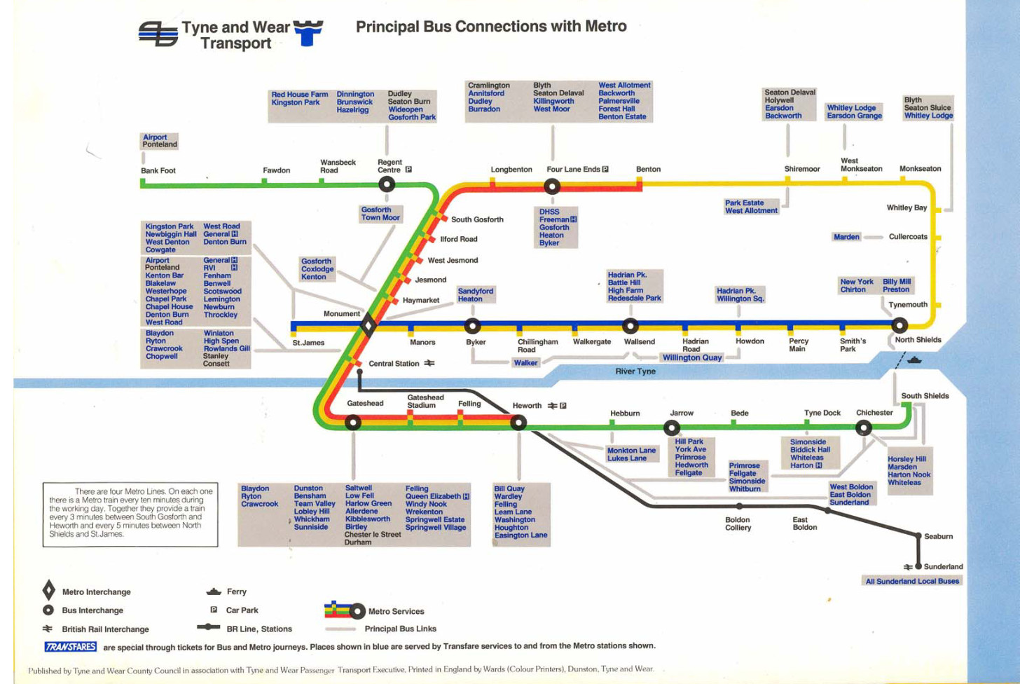 A map of the Metro as it was in the eighties, mostly the same as today but with a few “express” lines and without the branch south to Sunderland