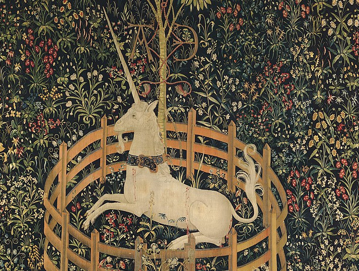 A mediĂŚval tapestry of a unicorn in captivity