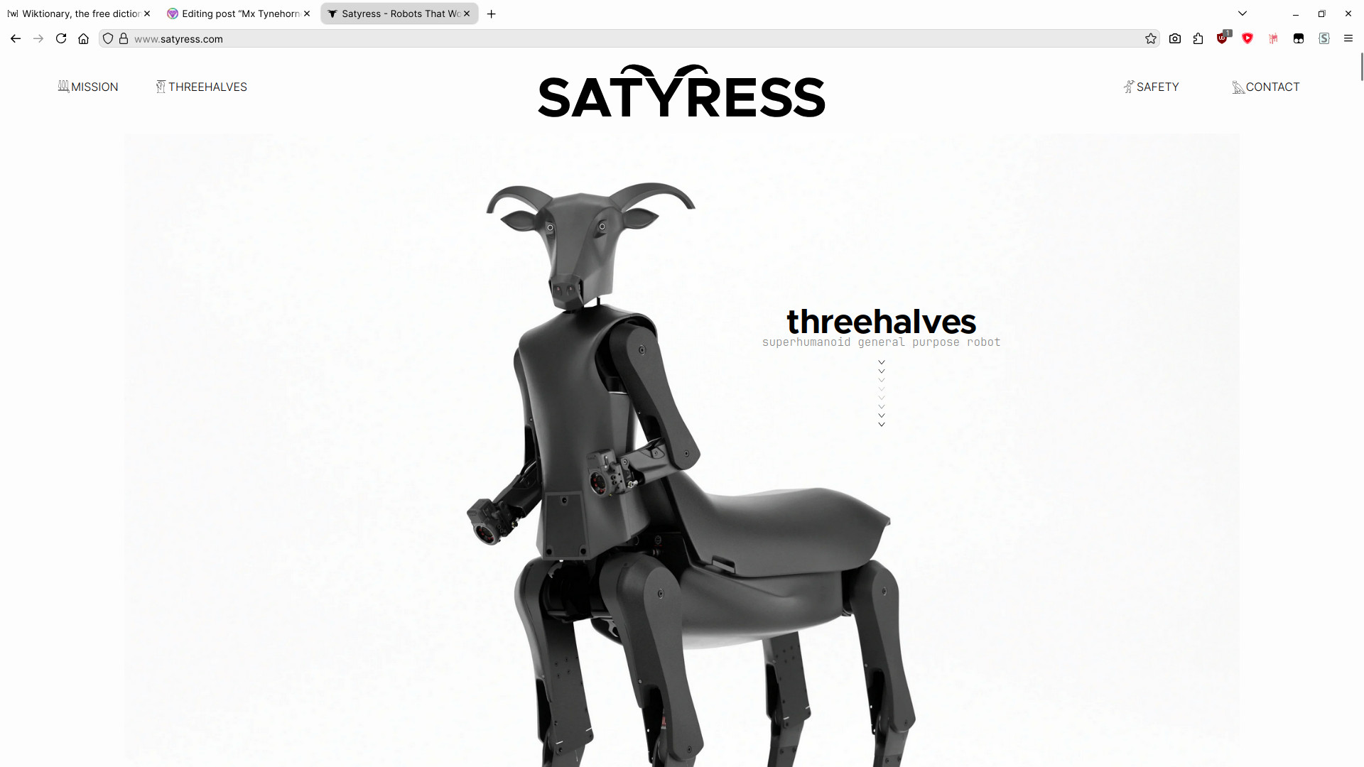 A website for a company called Satyress advertising “threehalves”, a centaur-shaped robot