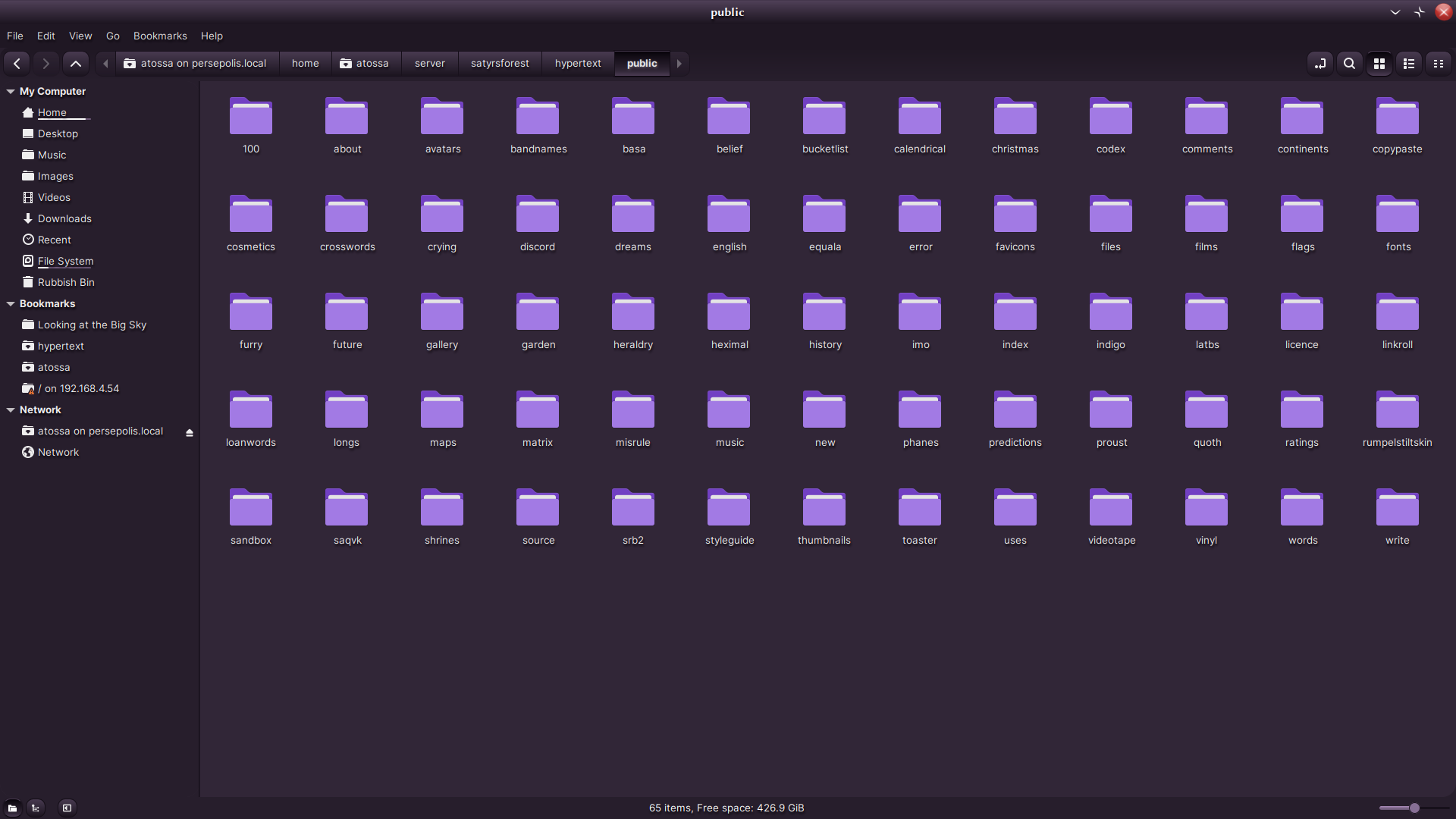 A screenshot of a file manager showing all the hypertext i’ve written for the site