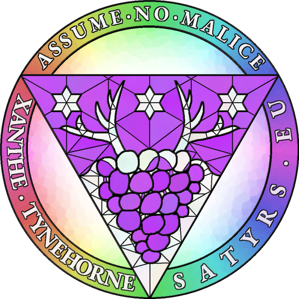 The webmixter’s coat of arms, decorated with the following text: Xanthe Tynehorne / Satyrs.eu / Assume no malice