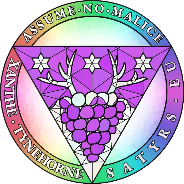 The webmixter’s coat of arms, decorated with the following text: Xanthe Tynehorne / Satyrs.eu / Assume no malice
