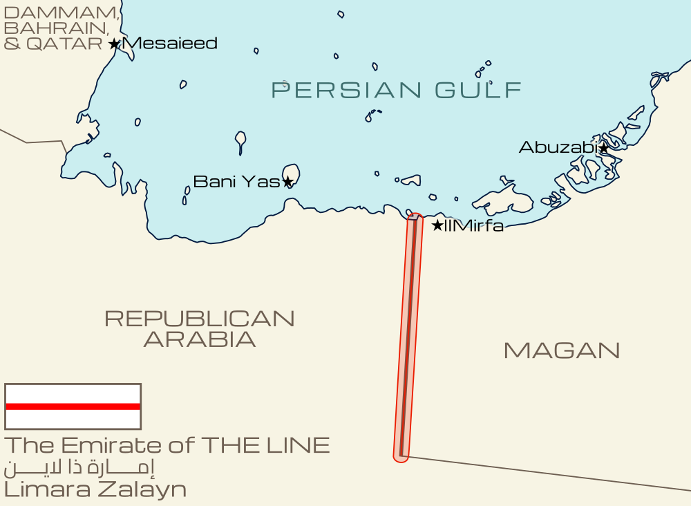 A map showing THE LINE as a thin red strip in what is now the United Arab Emirates; its flag is a thin red line upon a long white background.